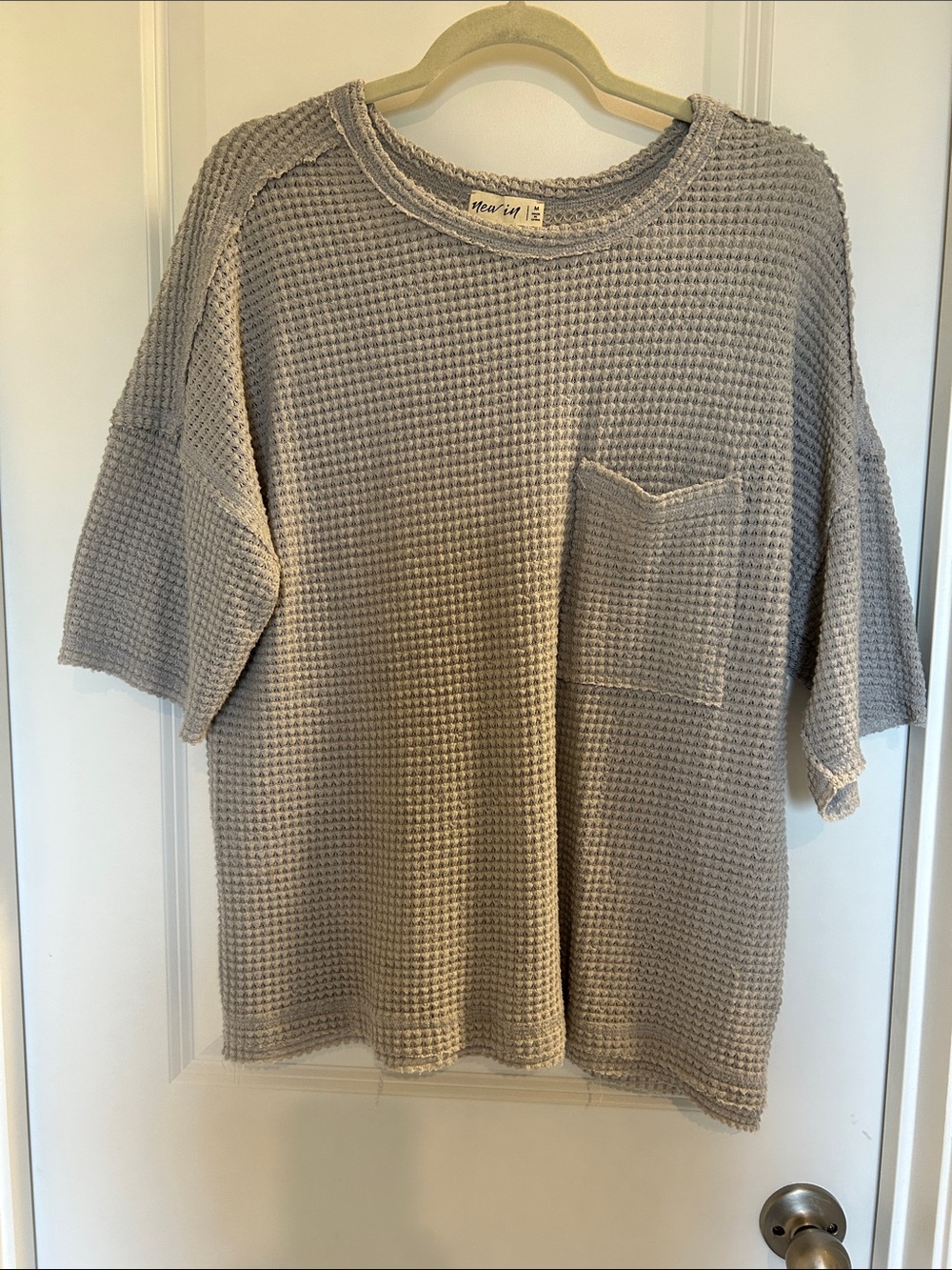 Waffle-Knit Pocket Short-Sleeve Top - Light Taupe